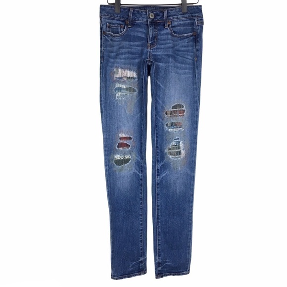 AMERICAN EAGLE Jeans Skinny Patchwork Plaid Boho Distressed Stretch Denim Size 2 - Picture 1 of 16